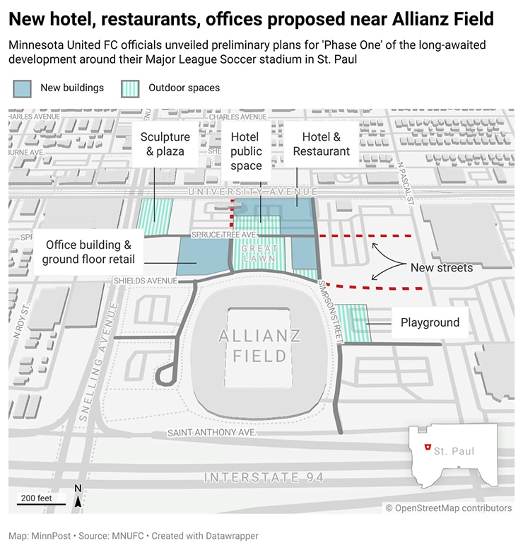 Modern Soccer Stadium In St. Paul With New Hotels, Offices, And Recreational Areas Near Allianz Field.