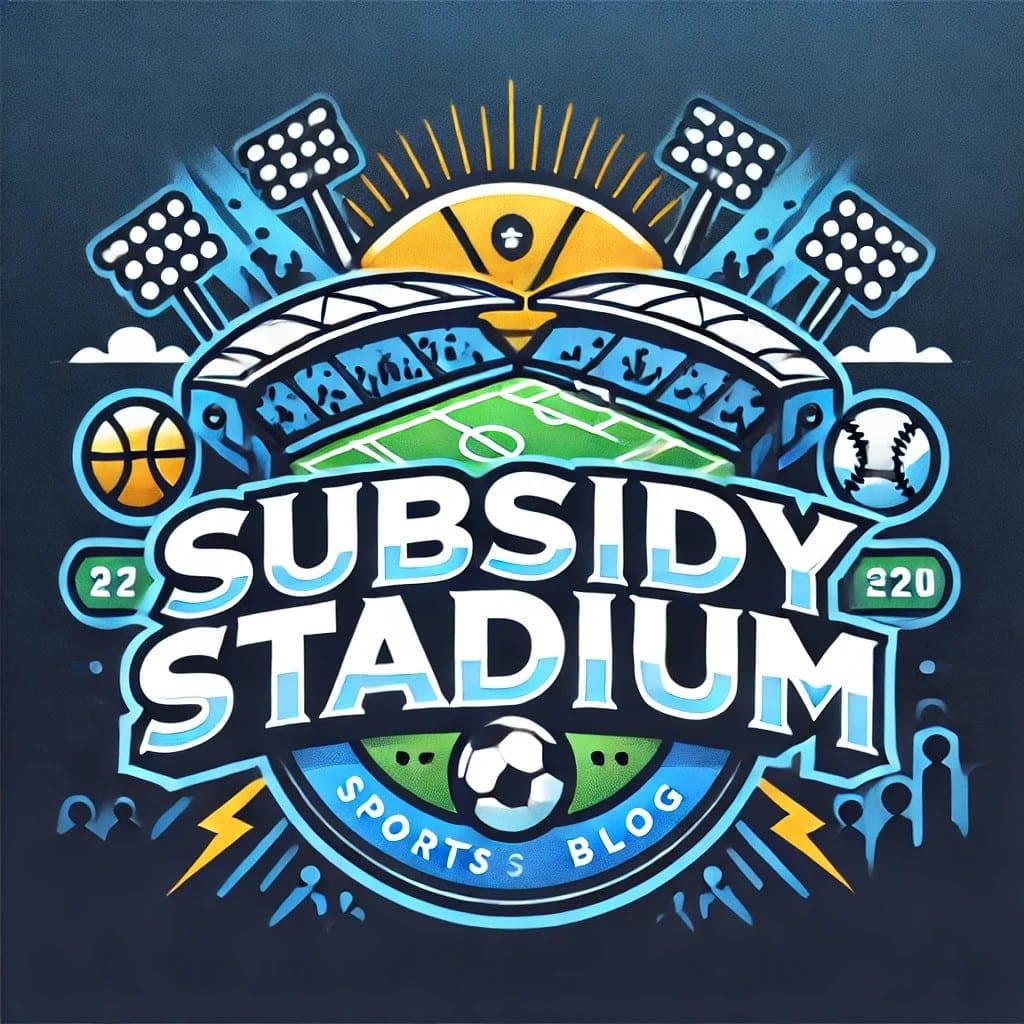 Soccer stadium logo with stadium lights, football, and sports elements for subsidy stadium branding.