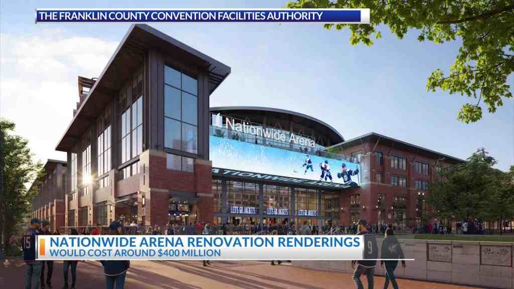 Modern Multi-Story Arena Exterior With Digital Signage And Crowd Outside For Sports Events.